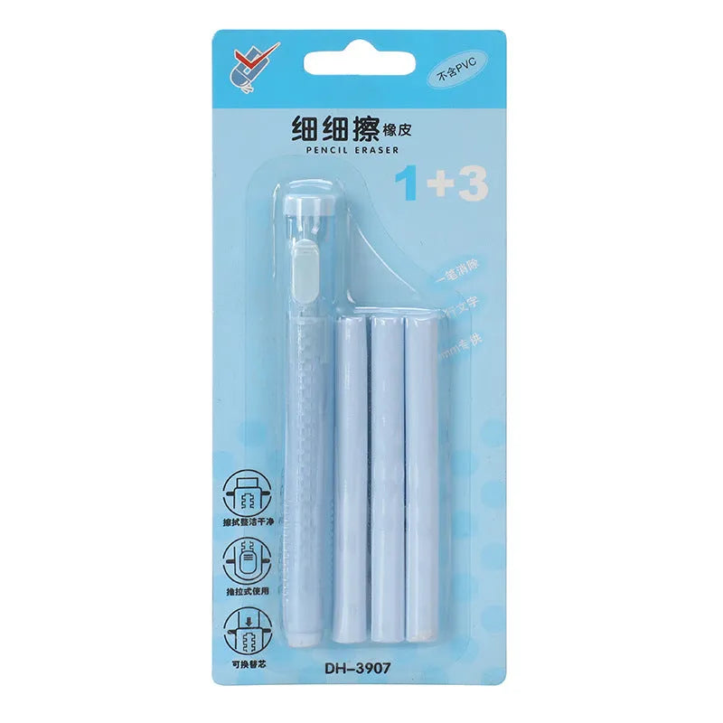 Push type automatic eraser for children in blue, green, pink, or purple colours measuring 12 by 8 centimetres