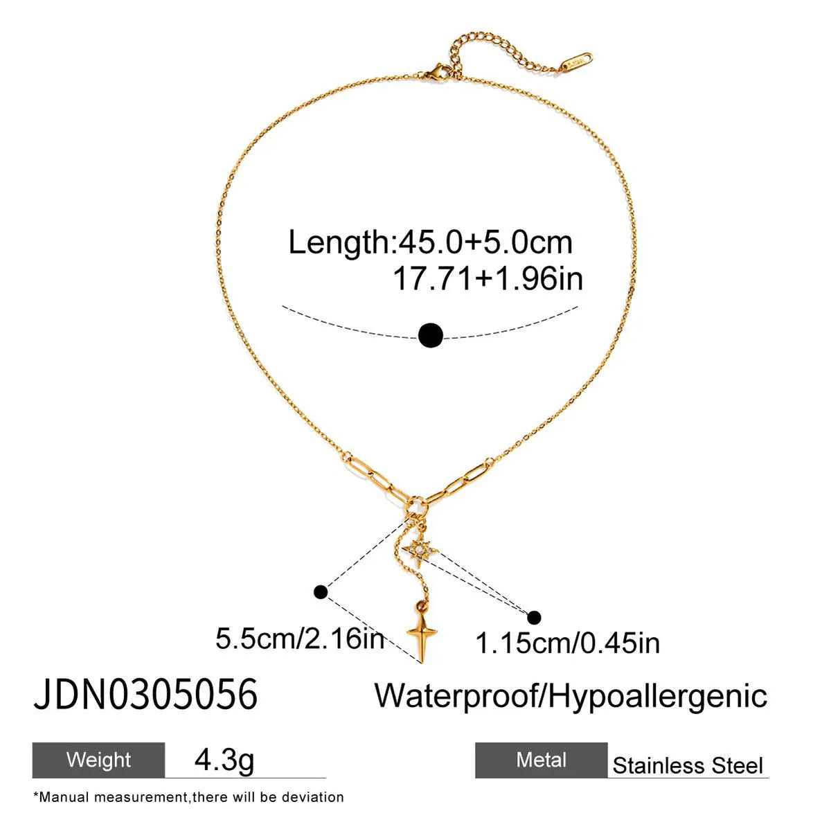 18K gold stainless steel necklace with white diamond eight-pointed star centre, regular chain, JDN0305056 colour