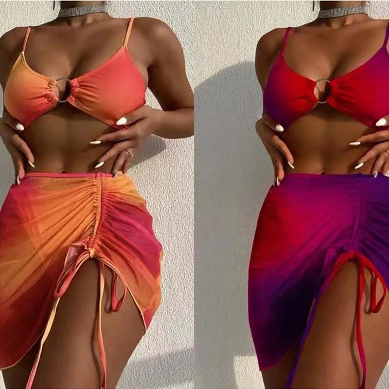Women's three piece loop buckle hollow suspender swimsuit in orange or purple gradient print, sizes S M L