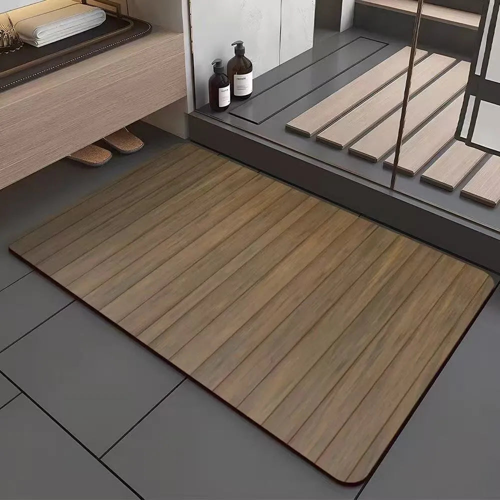 Square American wood grain pattern diatom mud bathroom floor mat on tiles.