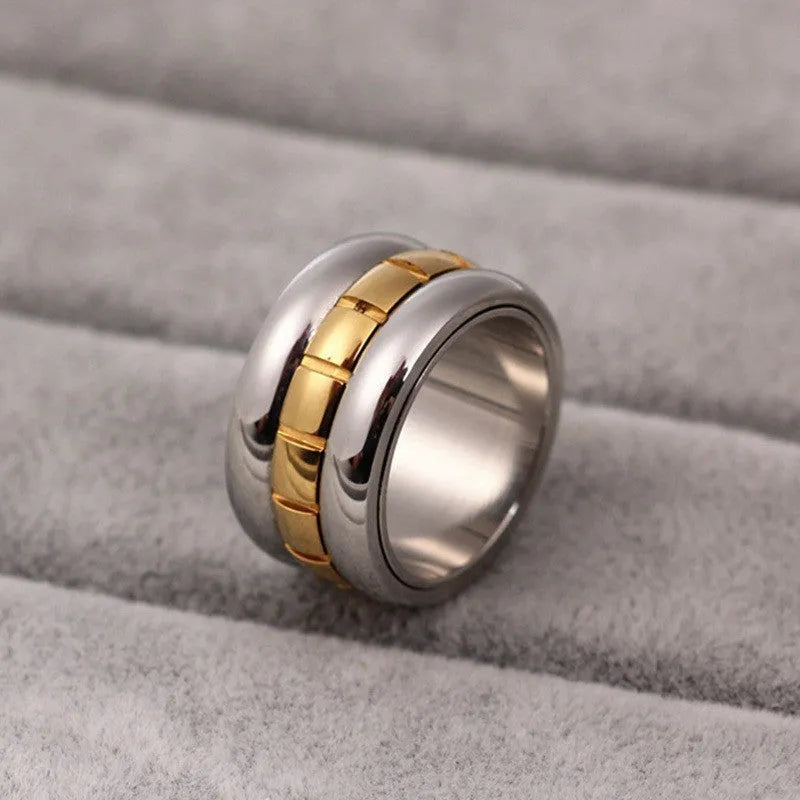 Ultra-wide gold titanium steel knuckle ring with rotatable band, sizes 7 to 10, natural style.