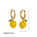 Gold plated fruit and vegetable design earrings showing seven colour variations on copper with electroplated finish