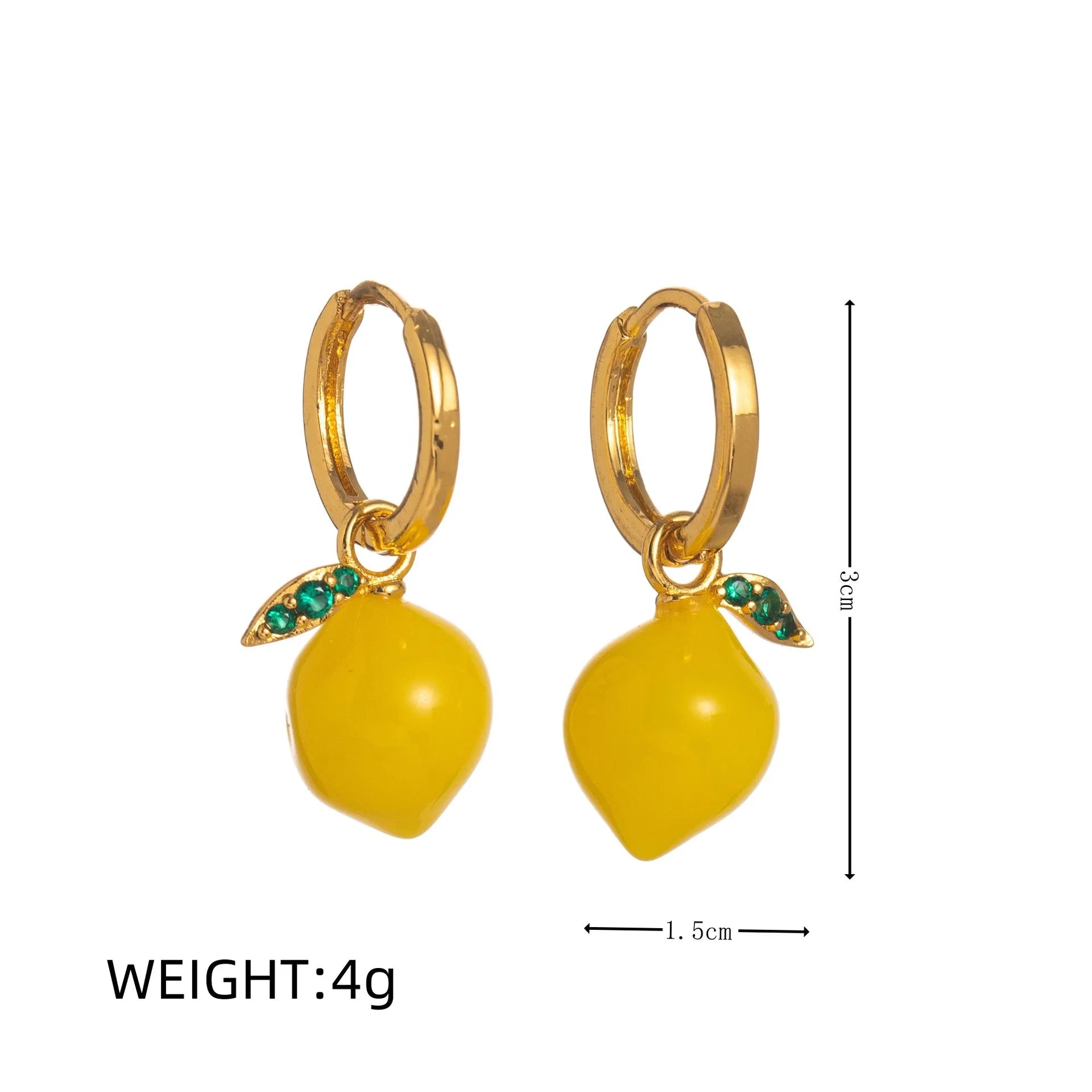 Gold plated fruit and vegetable design earrings showing seven colour variations on copper with electroplated finish