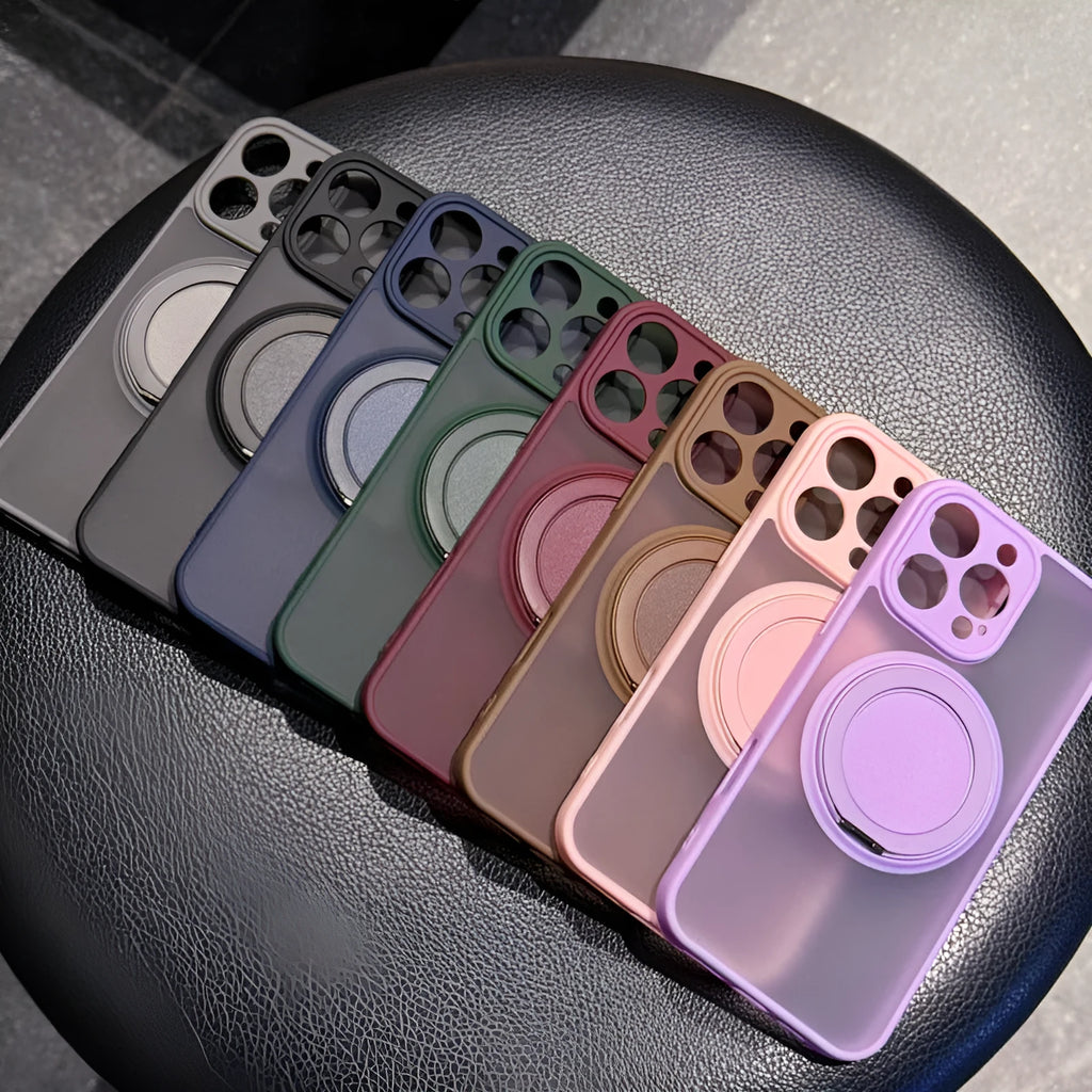 Magnetic suction pivot phone case with invisible bracket and frosted finish for iPhone