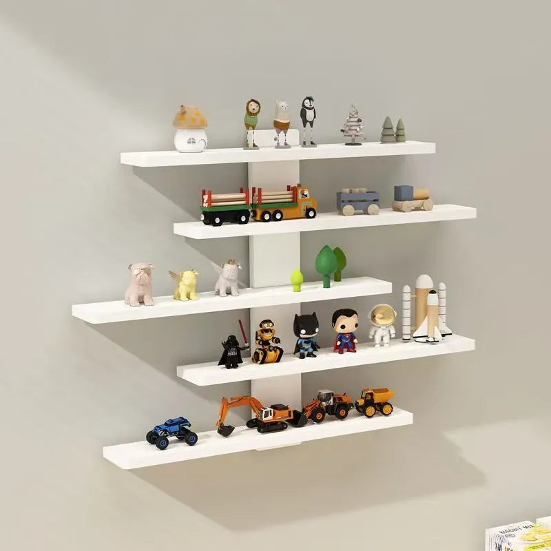 White 5-tier PVC wall-mounted rack displaying toy dolls and blind boxes.