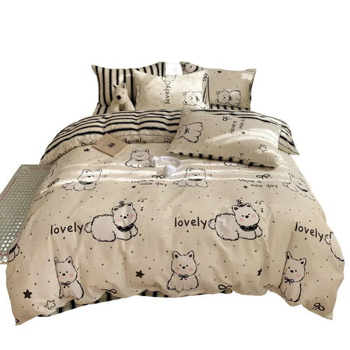 Cartoon dog pattern cotton four-piece bedding set with duvet cover, fitted sheet, and pillowcases