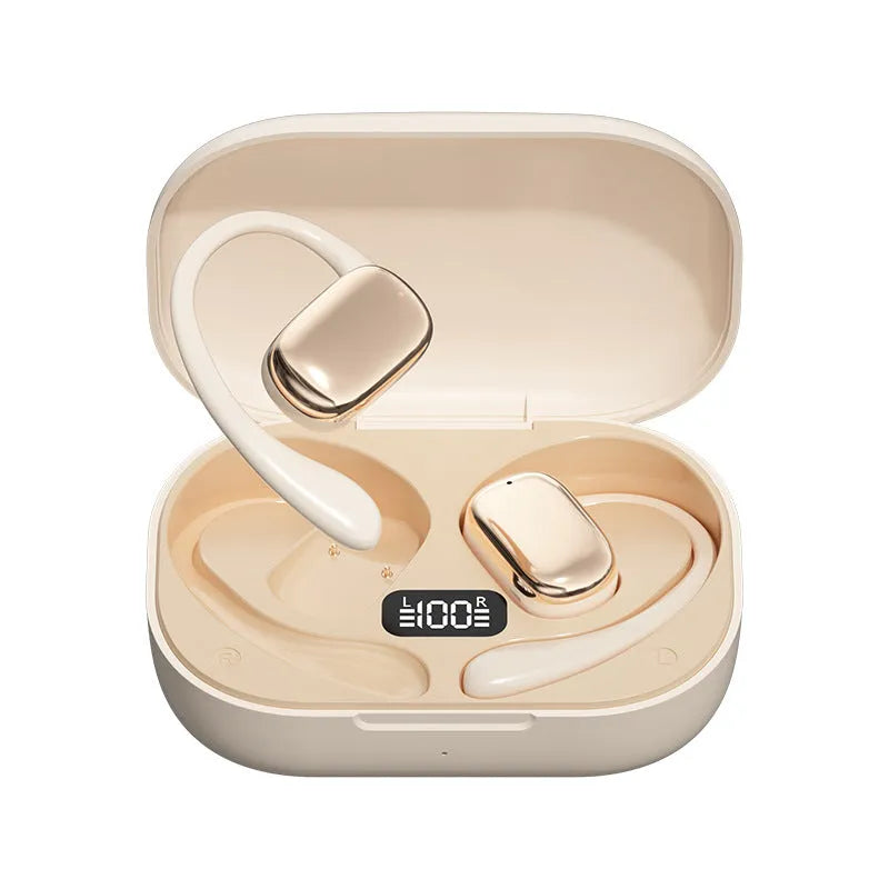 Ear-mounted wireless headphones with digital display screen on side, shown in skin colour.