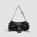 Black retro oil-wax leather shoulder bag with dumpling shape and multiple compartments