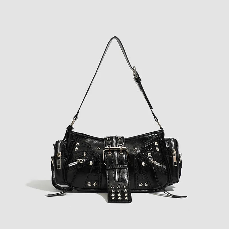 Black retro oil-wax leather shoulder bag with dumpling shape and multiple compartments