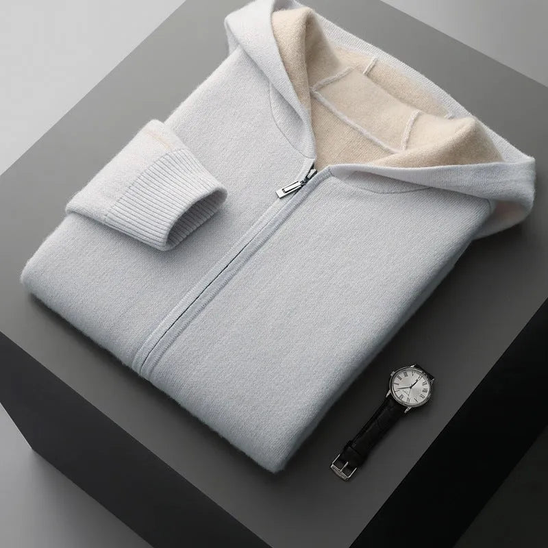 Men's dark blue cashmere cardigan sweater with half-high collar and full-length zipper