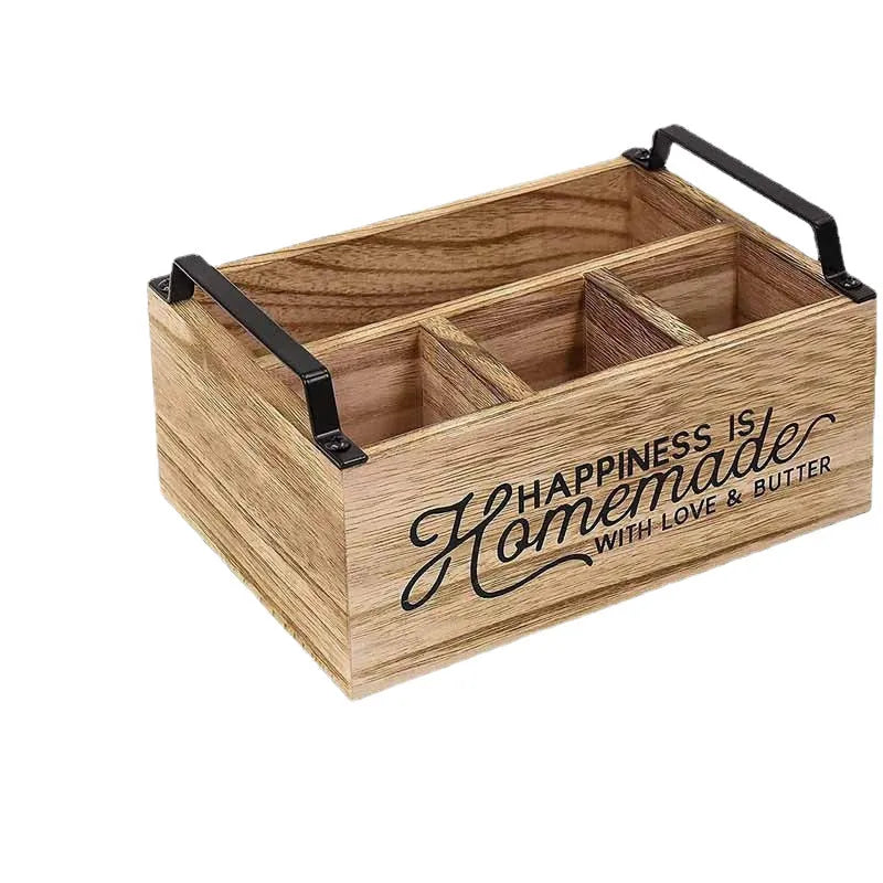 Wooden kitchen storage box with grid dividers for organising tableware