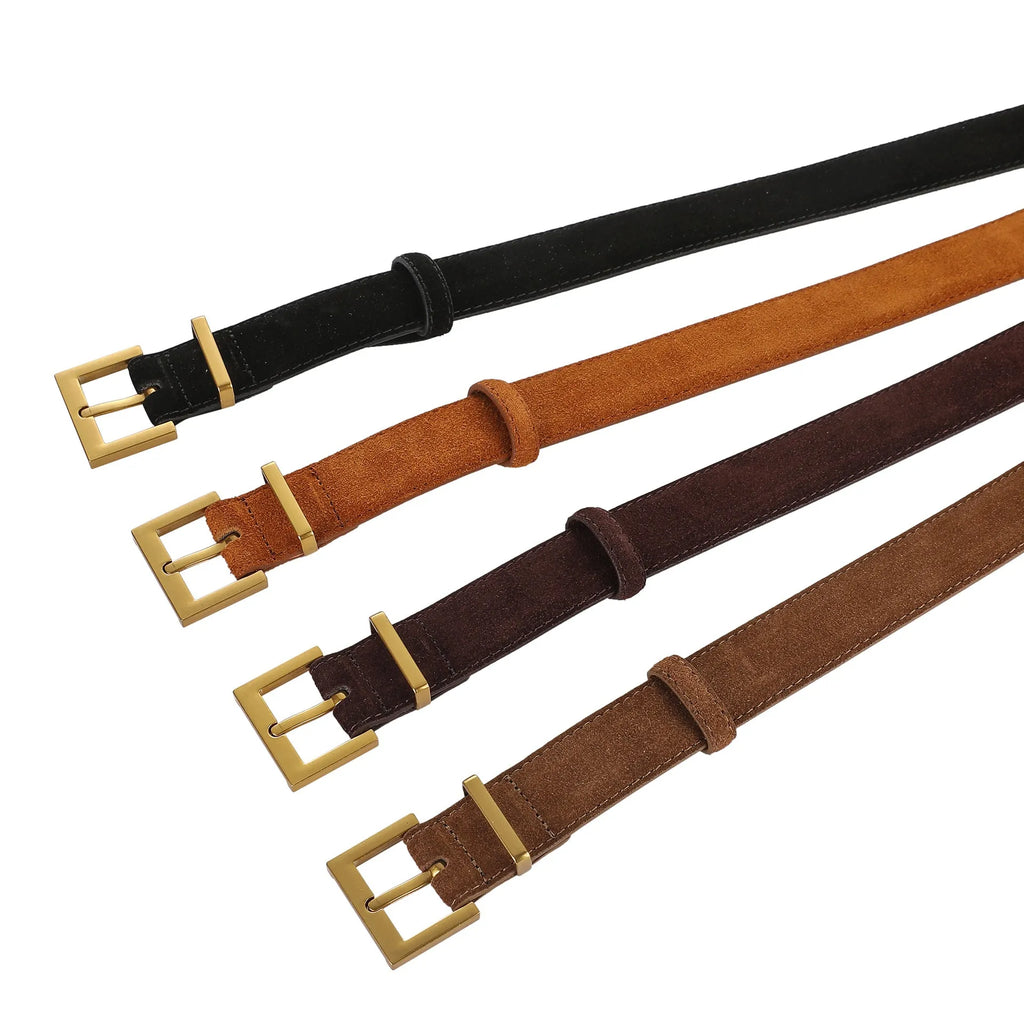 Women's genuine leather pin buckle belt showing quadrilateral alloy buckle and four colour options