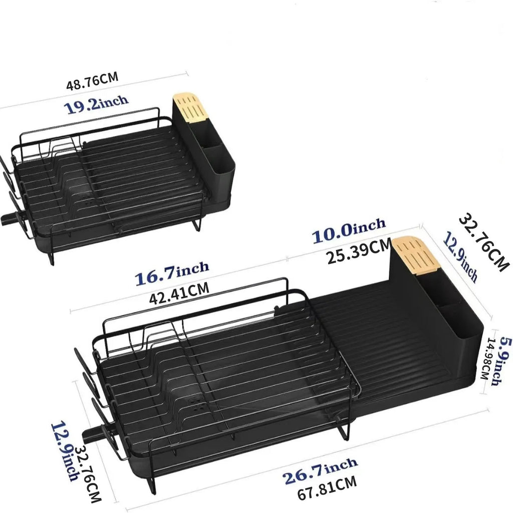 Retractable kitchen drain rack holding cutlery and cups with foldable carbon steel frame