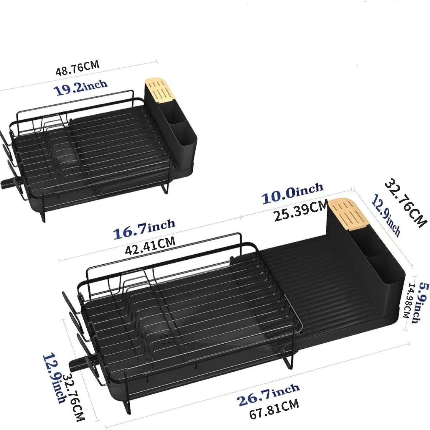 Retractable kitchen drain rack holding cutlery and cups with foldable carbon steel frame