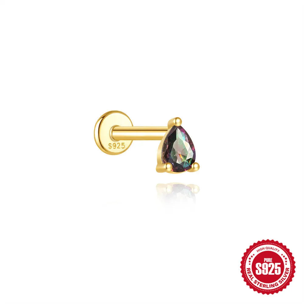 S925 sterling silver geometric earrings with rainbow stone and flat head thread post