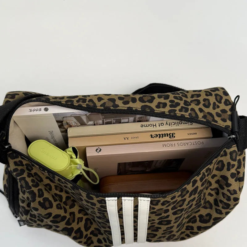 Leopard print cross-body shoulder messenger bag with sports styling and large capacity design