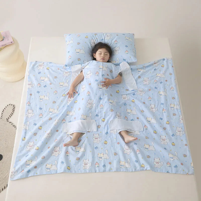Anti-kick sleeping bag blanket in a choice of colours and sizes on a bed.