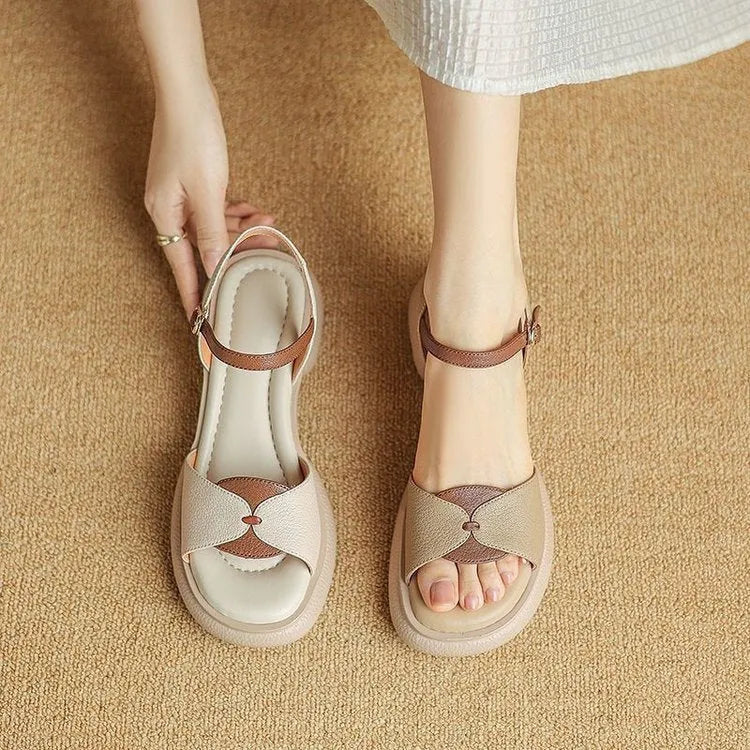 Women's beige renewable leather platform sandals with chunky heels and open toe design