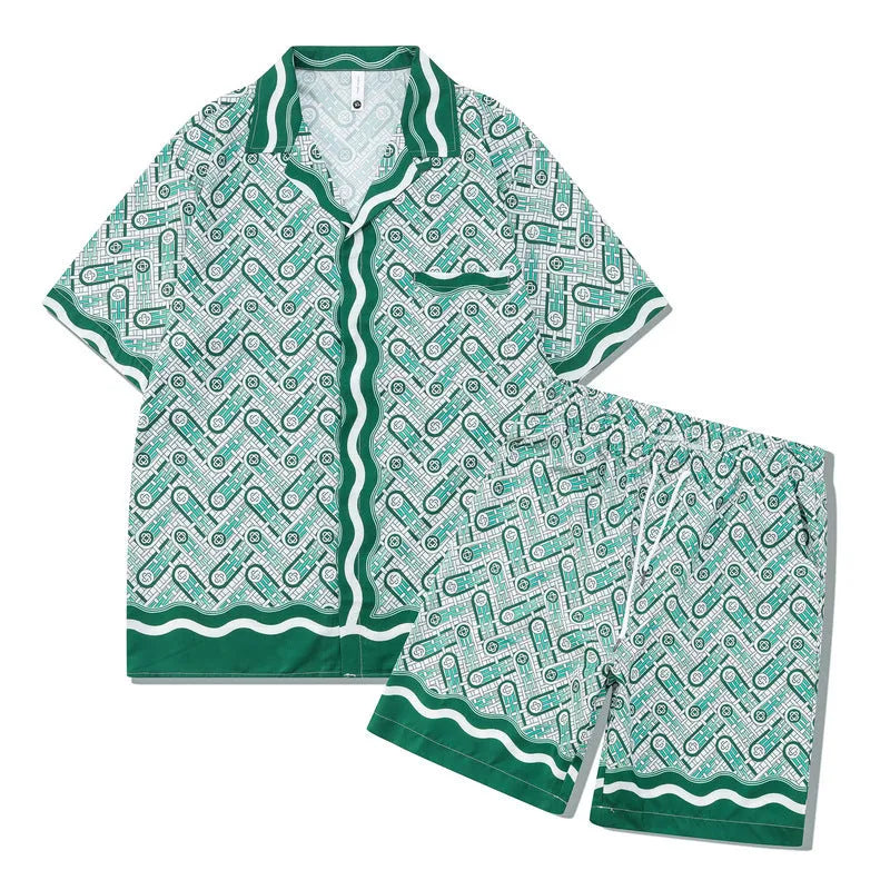 Men's plaid print beach outfit set with short sleeve shirt and trousers on hanger