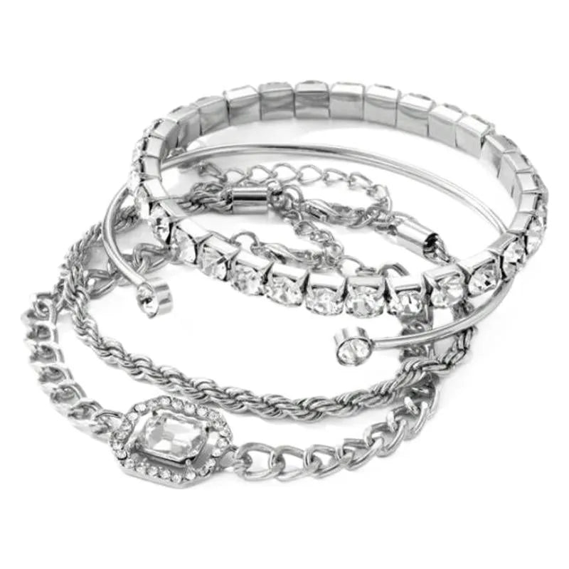 Women's four-piece alloy bracelet set with geometric shapes and chain links in gold or silver finish