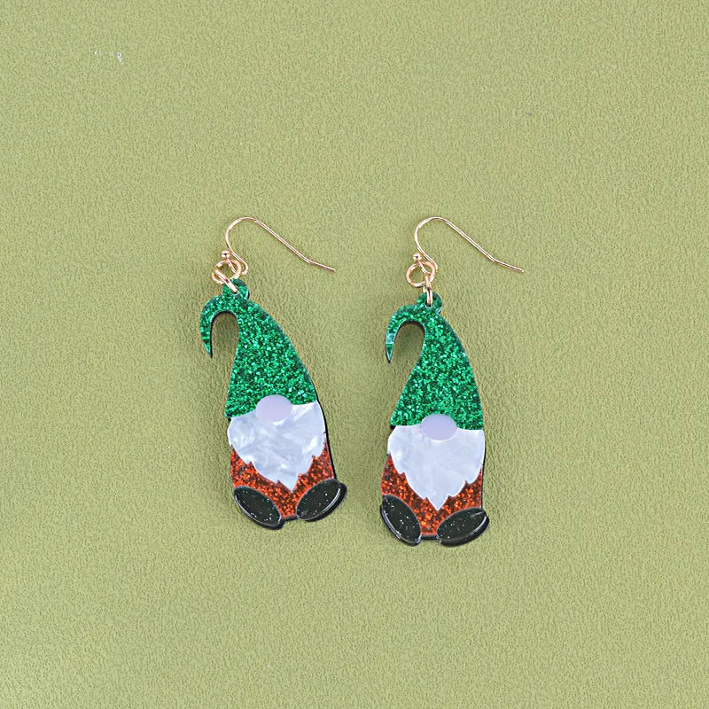 Acrylic cartoon Santa Claus earrings showing red, green, and red/green hat style options.