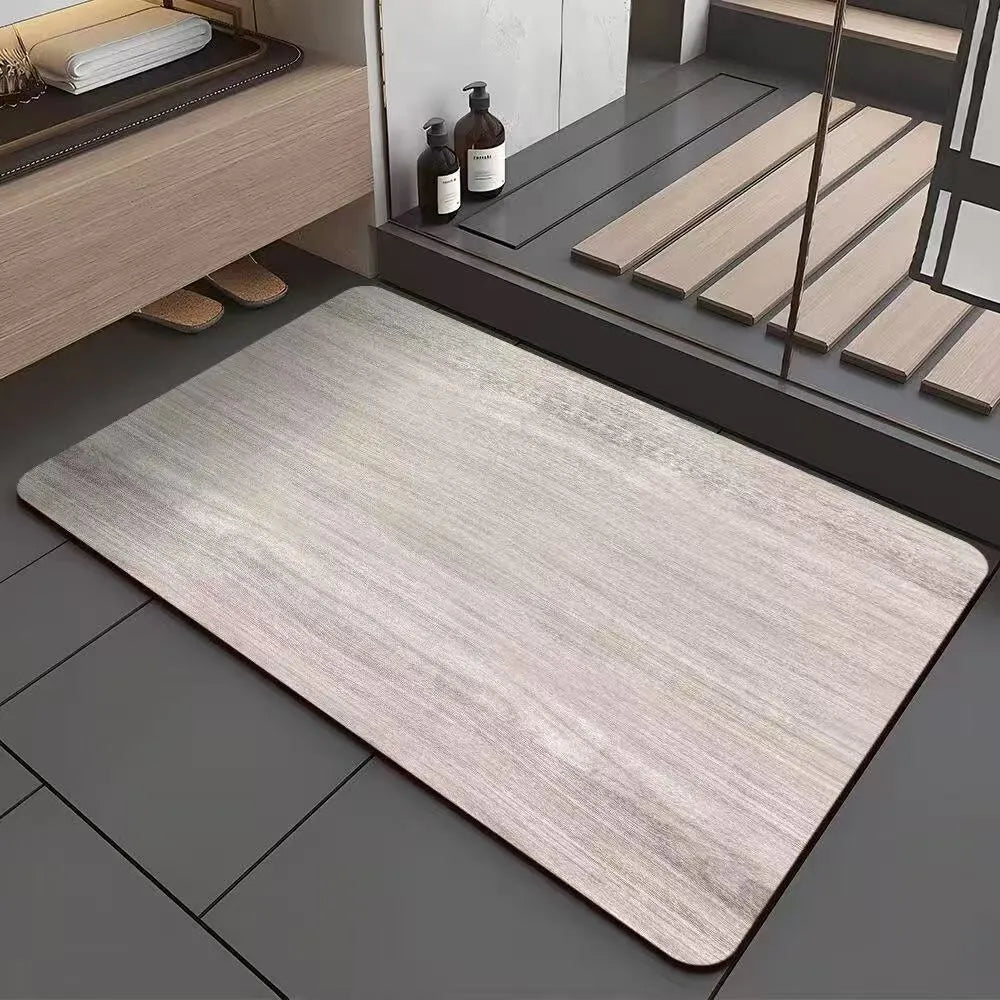 Square American wood grain pattern diatom mud bathroom floor mat on tiles.