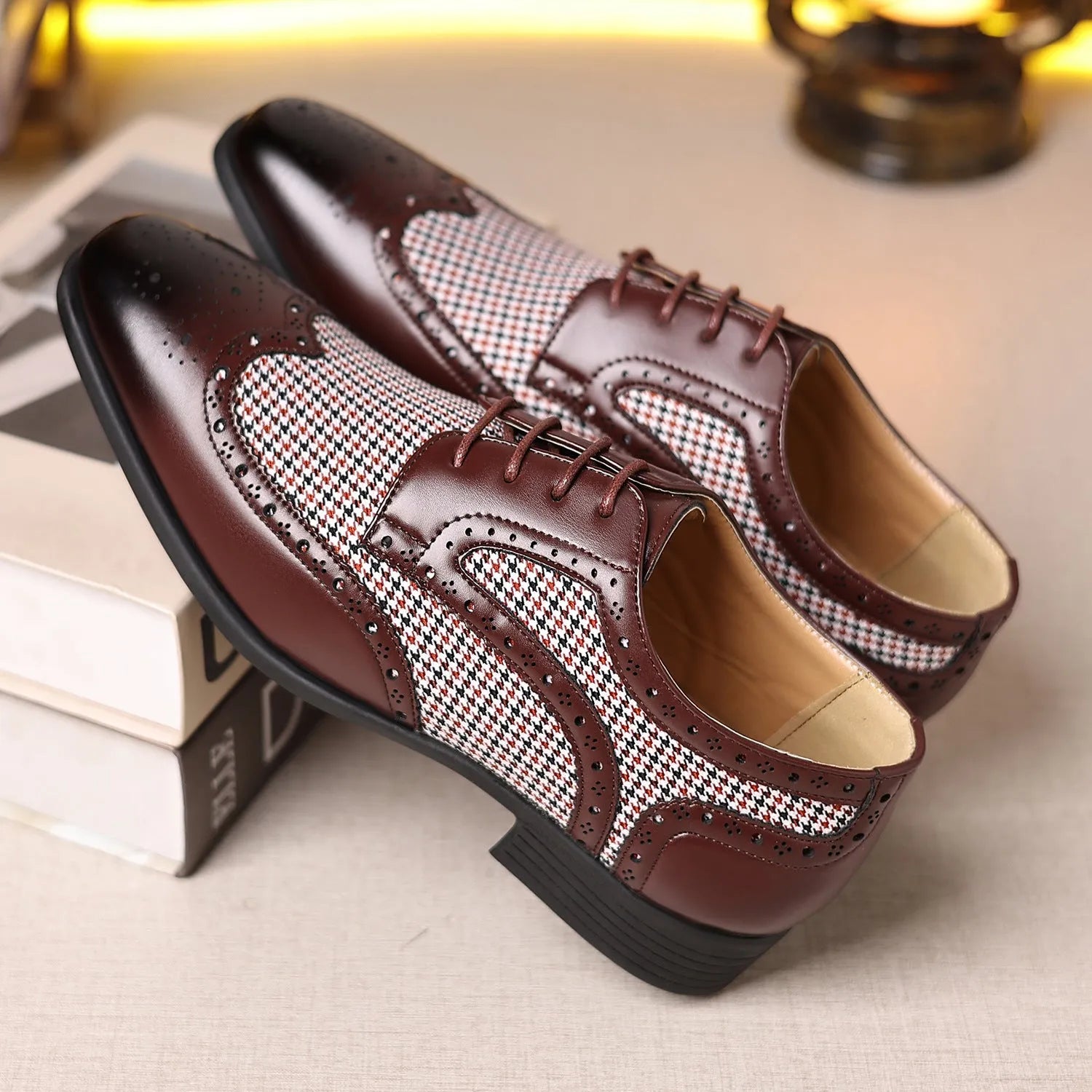 Men's black houndstooth pattern casual lace-up shoes with a square toe and rubber sole.
