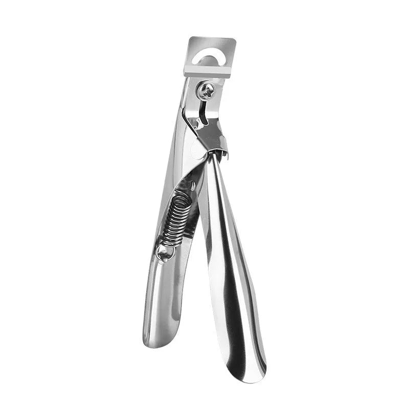 Stainless steel French U-shaped nail art scissors on a plain background.