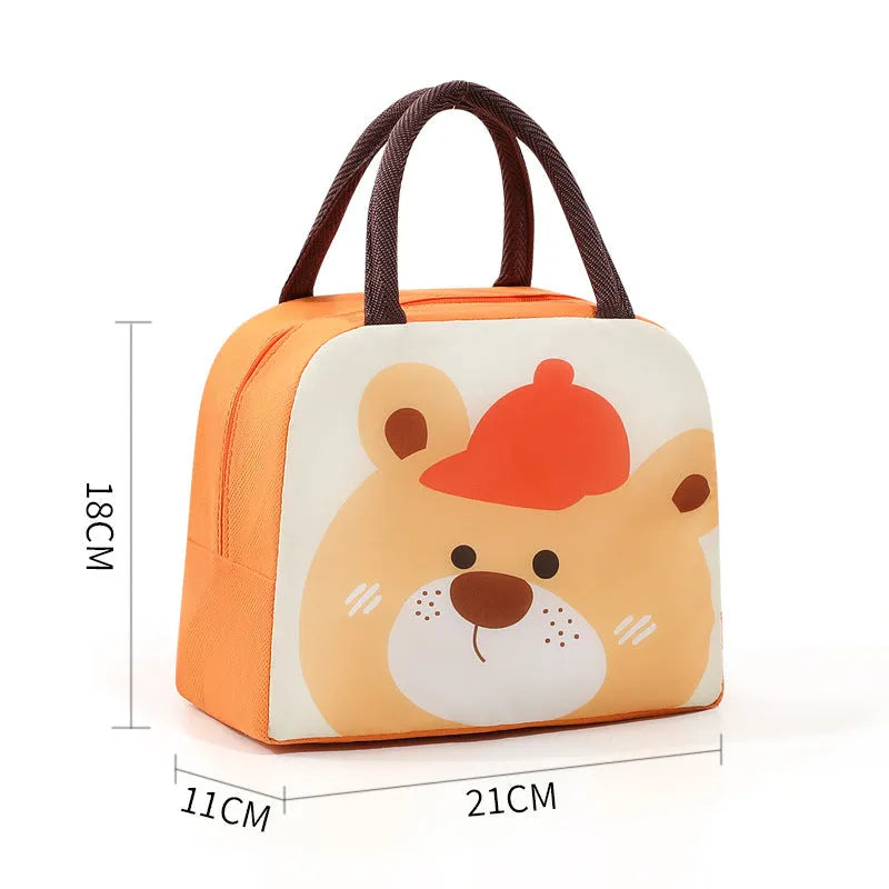 Colourful cartoon insulated lunch box bag for children with aluminium foil lining.