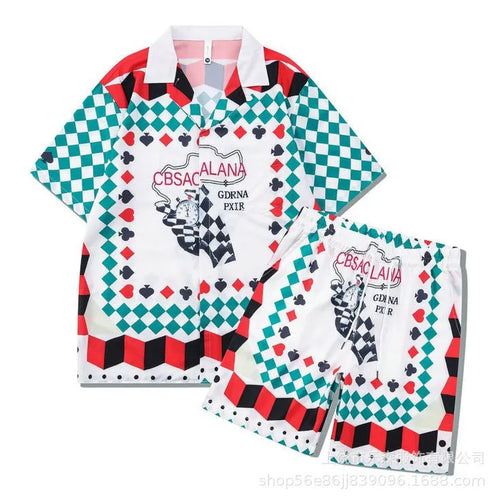 Plaid print beach outfit with short sleeve shirt and matching pants on mannequin