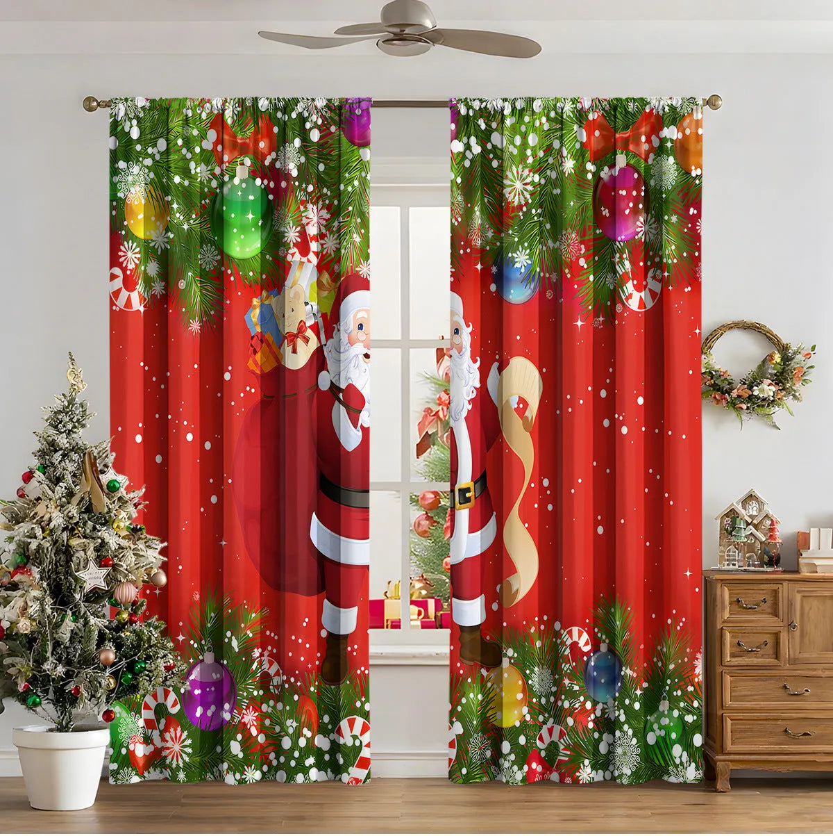 Pair of 3D digital printed Christmas curtains with a festive pattern on a window.