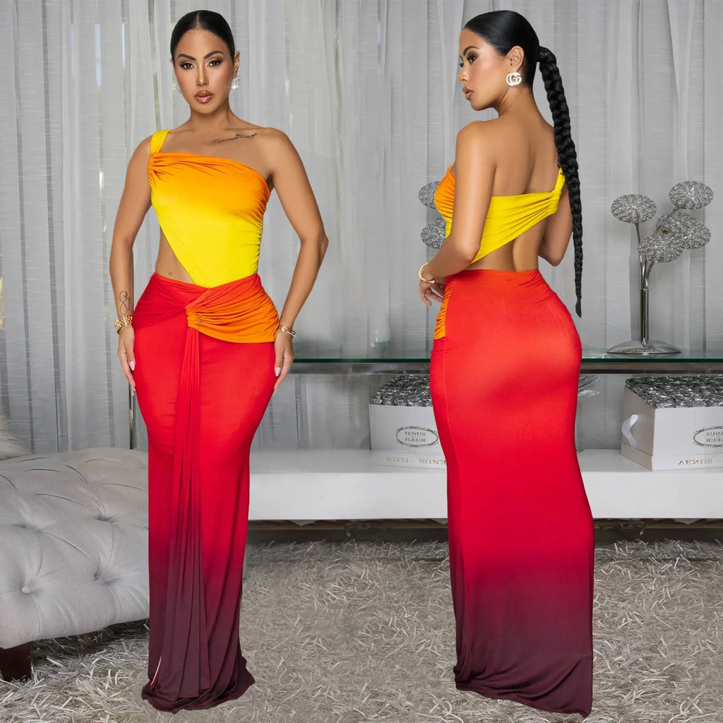 Women's gradient colour cross-shoulder summer dress in a high-waisted long skirt style.