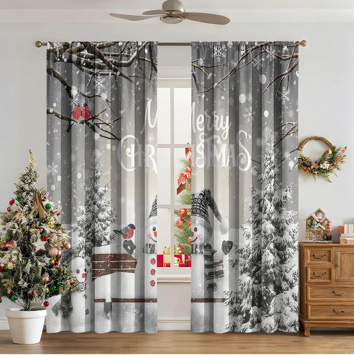 Pair of 3D digital printed Christmas curtains with a festive pattern on a window.
