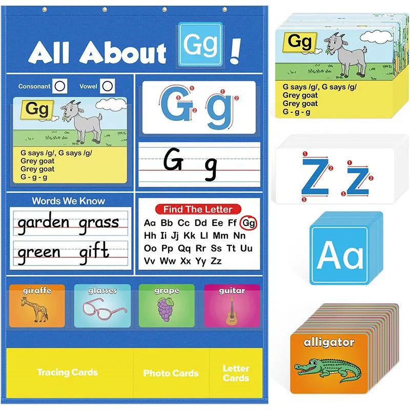 Creative Letters Learning Sleeve Table Chart with dry-erase marker, letter cards, and picture cards on a 60cm x 40cm wipe-clean surface.