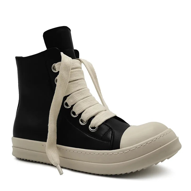 Black genuine leather high-top sneakers with a side zipper and round toe on a rubber sole.
