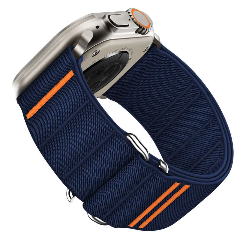 Elastic nylon Apple Watch replacement band with stainless steel buckle in various colours.