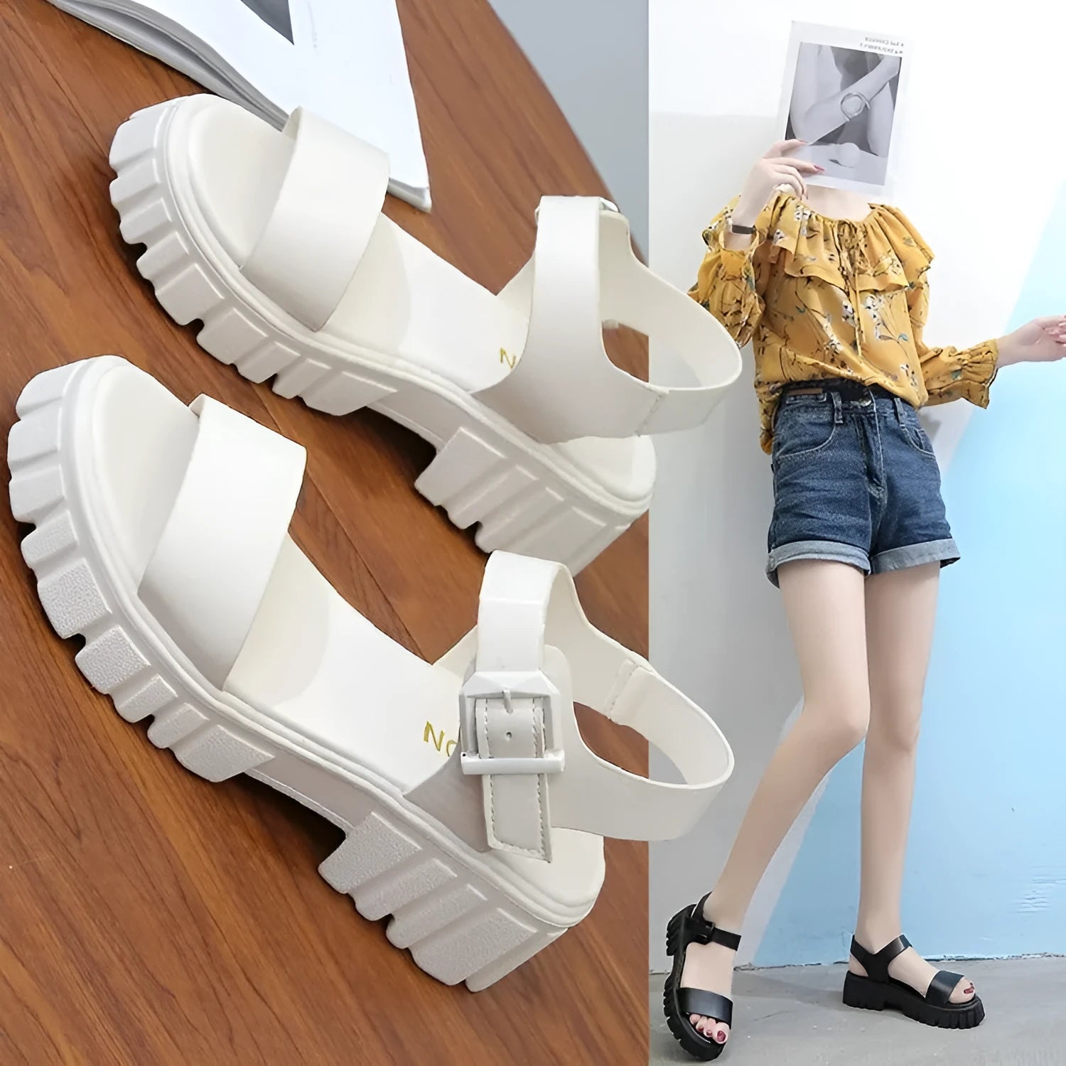 Women's beige PU platform sandals with peep toe, fish mouth design, and adjustable ankle-strap buckle