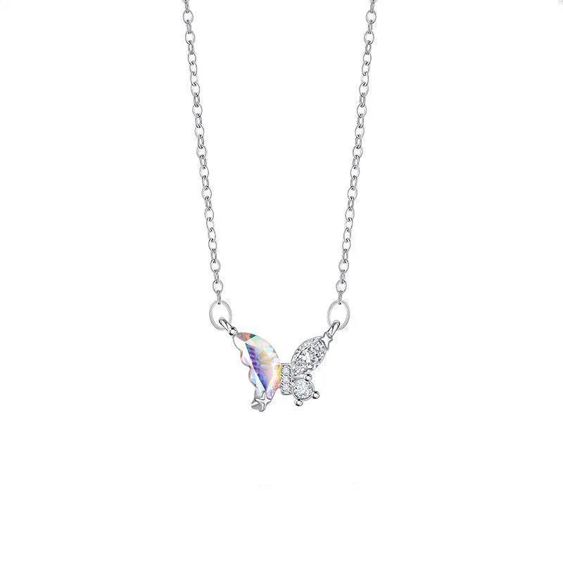 Colourful butterfly pendant necklace on alloy cross chain for women