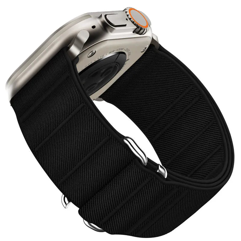 Elastic nylon Apple Watch replacement band with stainless steel buckle in various colours.