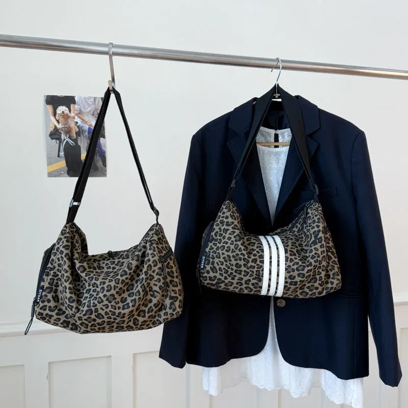 Leopard print cross-body shoulder messenger bag with sports styling and large capacity design