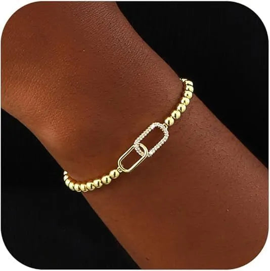 Adjustable stainless steel beaded bracelet showing geometric round design on wrist