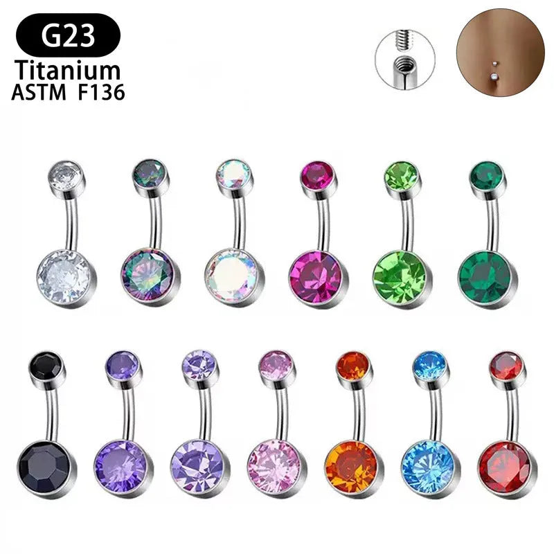 Titanium alloy double-headed navel stud with internal thread in various colours and sizes.