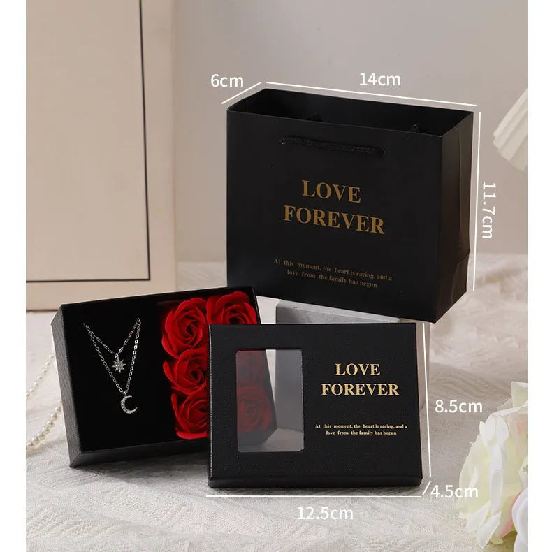 Red soap flower gift set with six roses in a box and matching handbag, Korean style decoration.