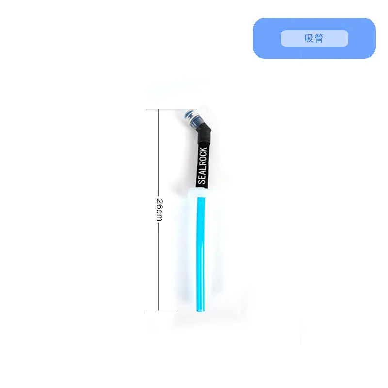 Close-up of a grey flexible plastic hydration straw with a textured grip and a blue silicone cap for mountain biking