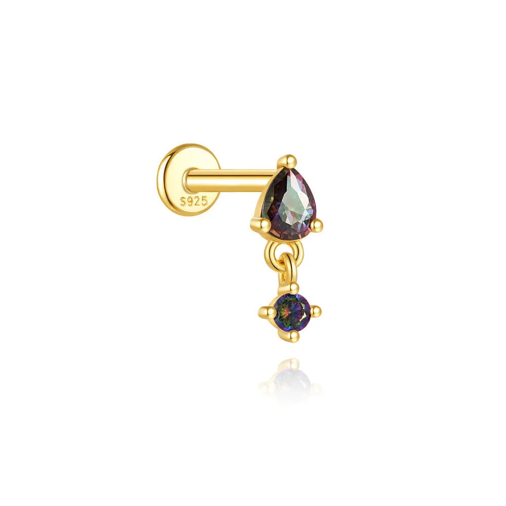 S925 sterling silver geometric flat head thread piercing earrings with rainbow stone finish in gold colour