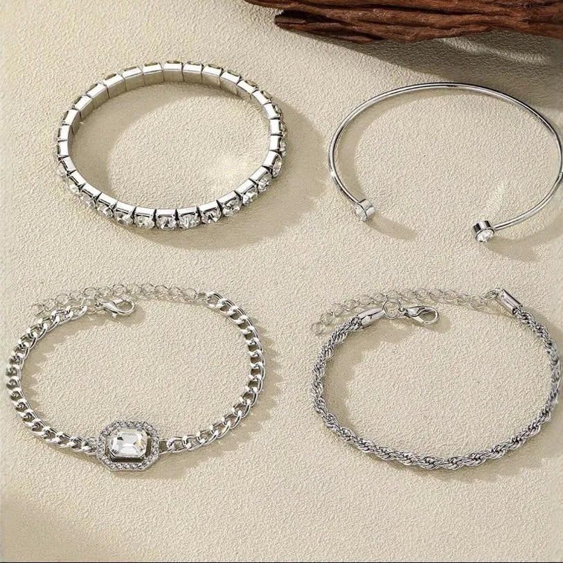Women's four-piece alloy bracelet set with geometric shapes and chain links in gold or silver finish