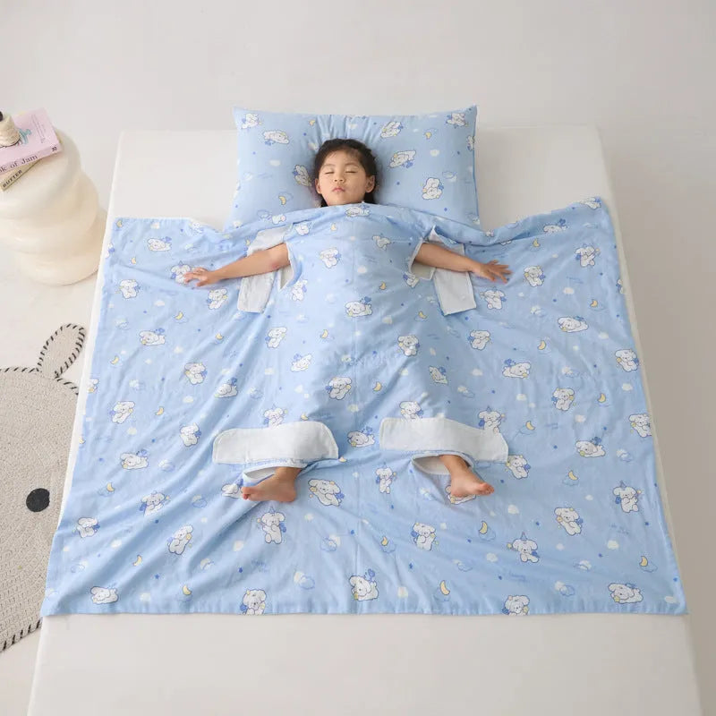 Anti-kick sleeping bag blanket in a choice of colours and sizes on a bed.
