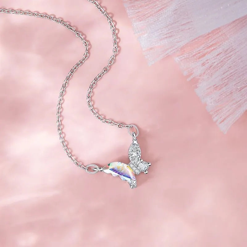 Colourful butterfly pendant necklace on alloy cross chain for women