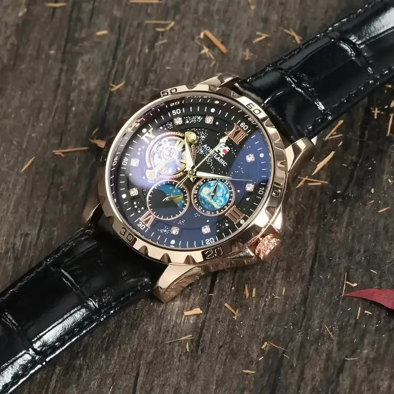 Men's black and rose gold automatic watch with a hollow dial and brown leather strap.