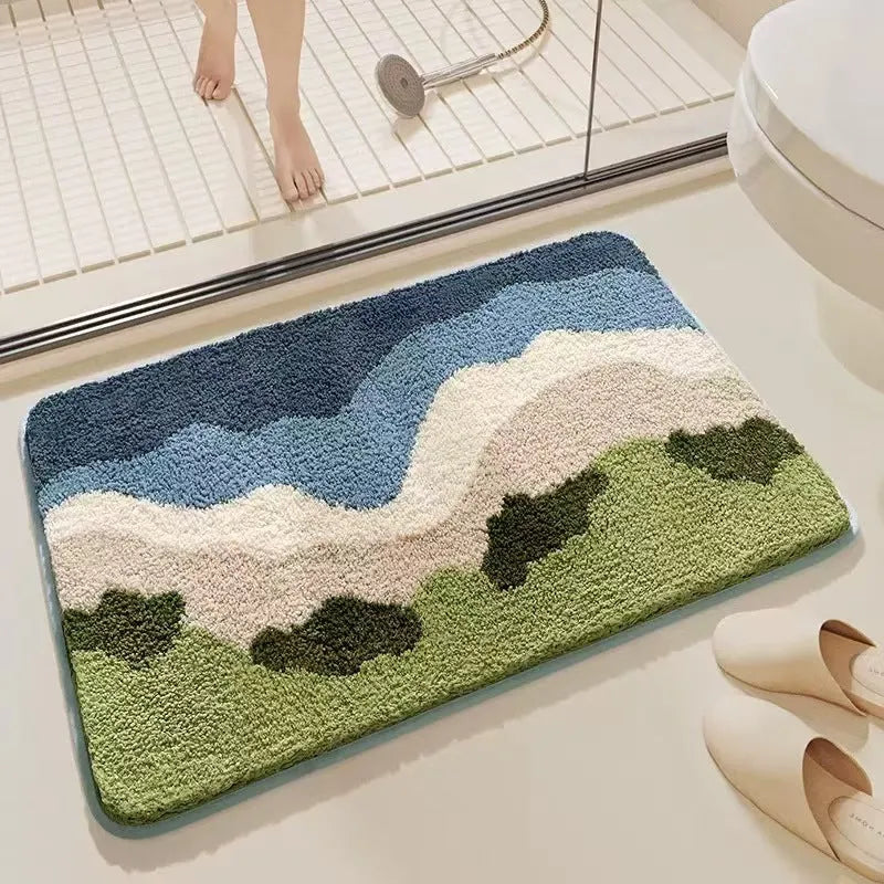 Square rainbow pattern floor mat in sky blue and white colours with a flat weave and plastic backing.